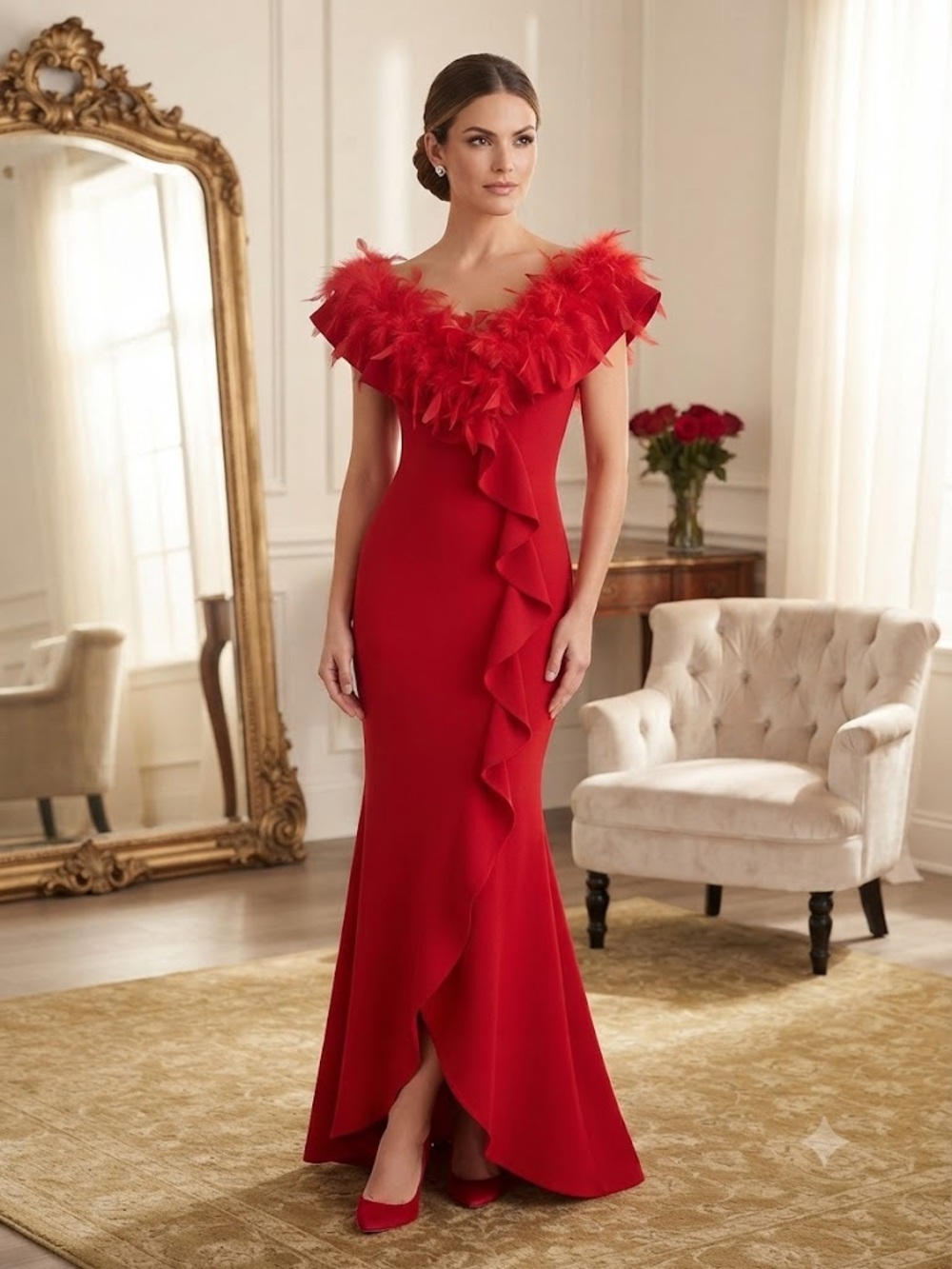 Betsy & Adam Red Feather-Trim Ruffle Maxi Dress